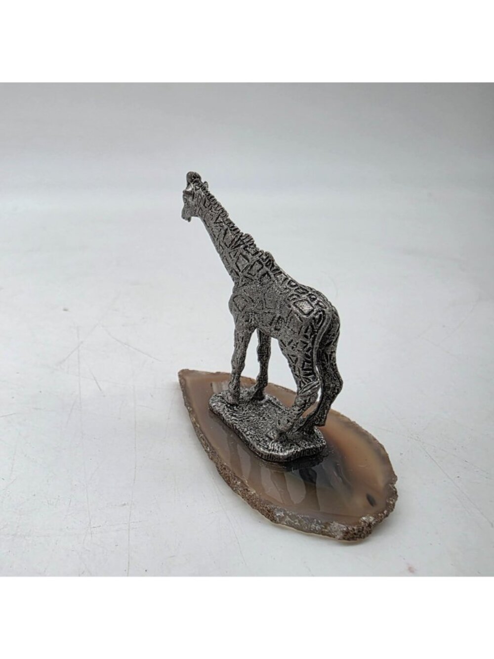 Pewter Giraffe Figurine On Polished Agate Stone Base 2" tall - Picture 4 of 8